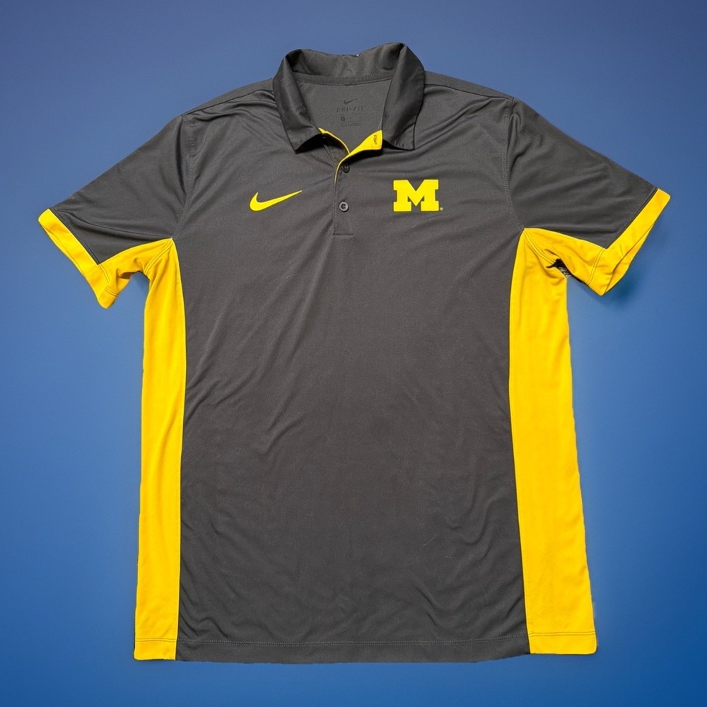 University of Michigan Shirt Men Large Blue Yellow Nike Dri-Fit Golf Button Polo